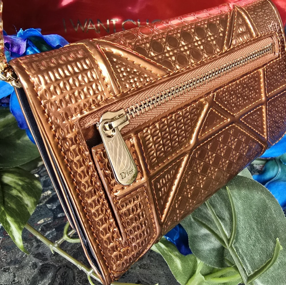 Authentic Christian Dior Diorama Metallic Copper Or Orange Trifold Short Wallet